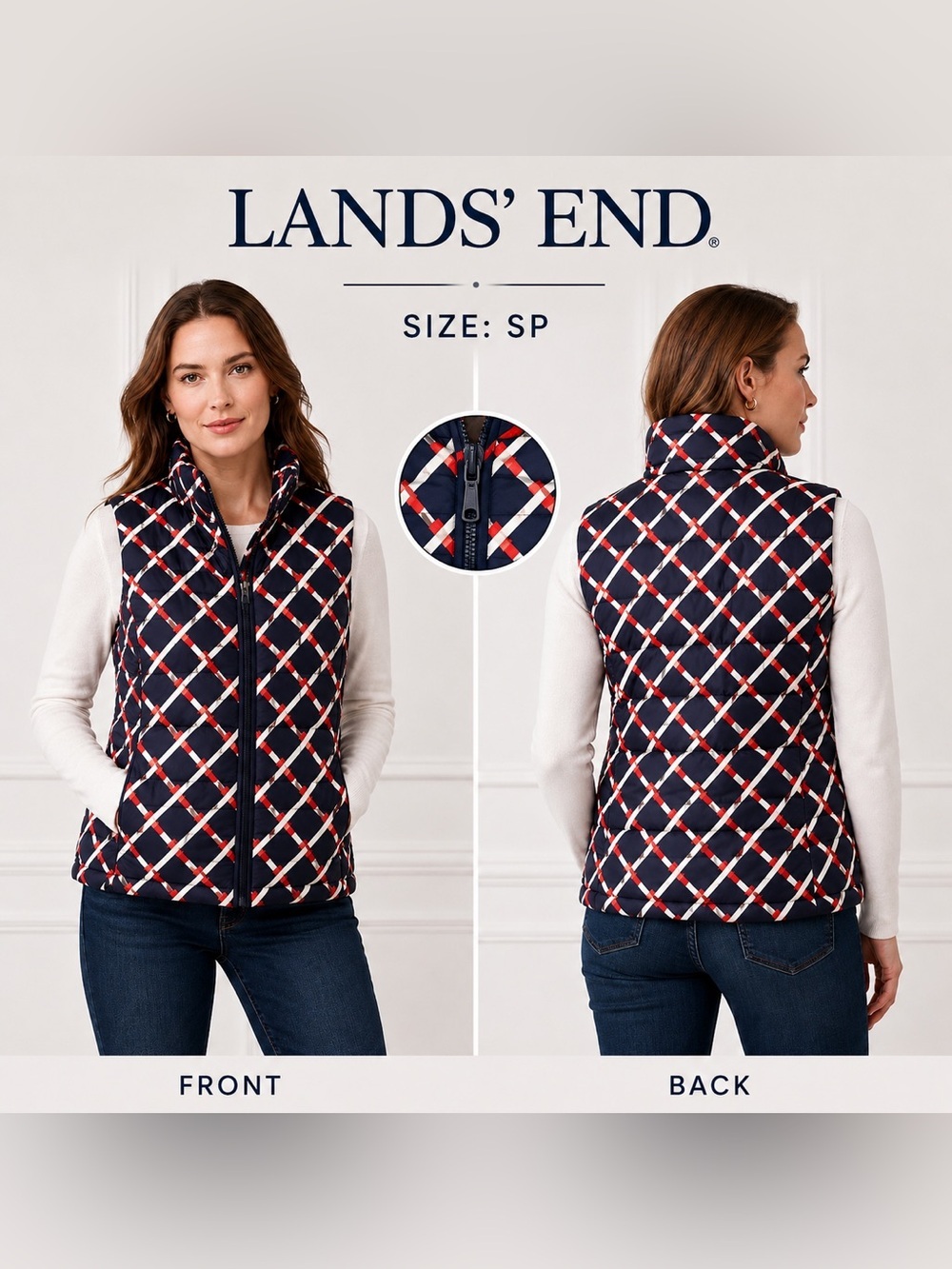 Lands’ End Quilted Puffer Vest Women’s SP Navy Red White Full Zip Pockets